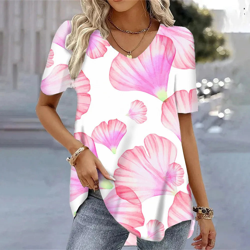 T-shirt Floral Été Femme V-Neck 3D