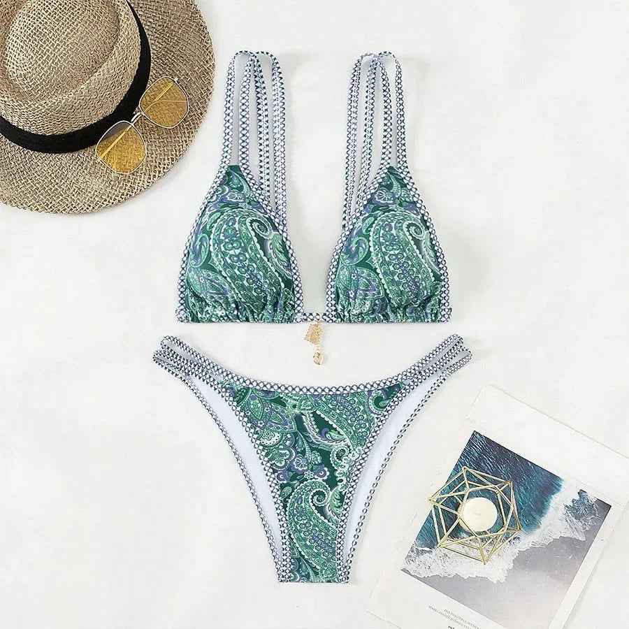 Chic Cross-Style Bikini: Trendy & Fresh Print