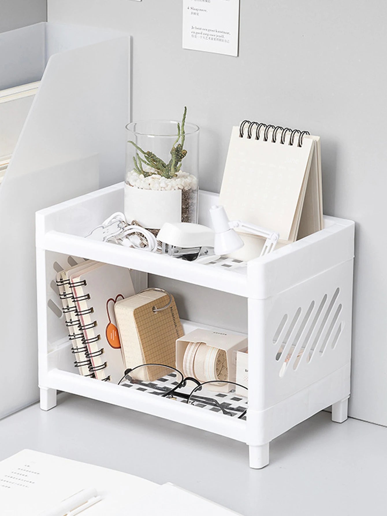 Dual-Layer Desk Organizer: White PP Storage Unit