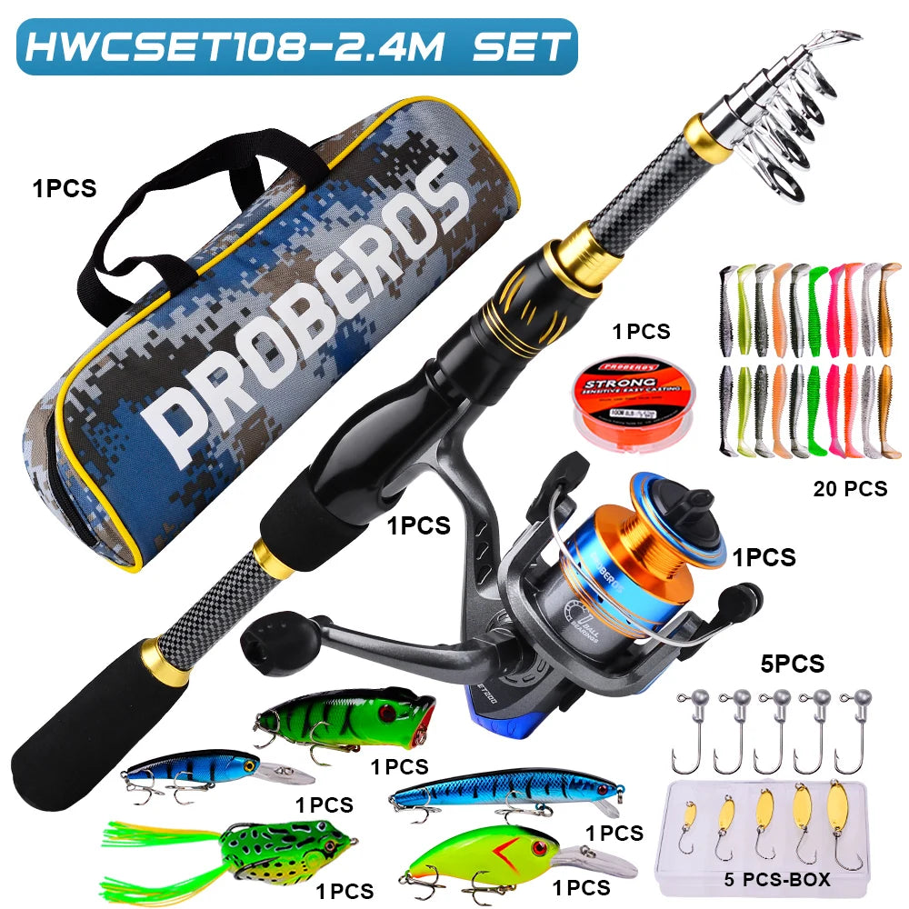 PROBEROS Kit Pêche: Canne, Moulinet & Leurres 2.4M