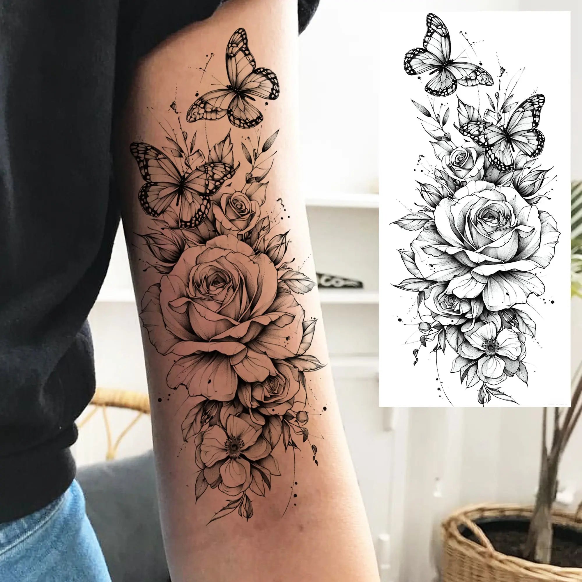 Tatouage Aquarelle Fleurs & Papillons - Femme Élégante