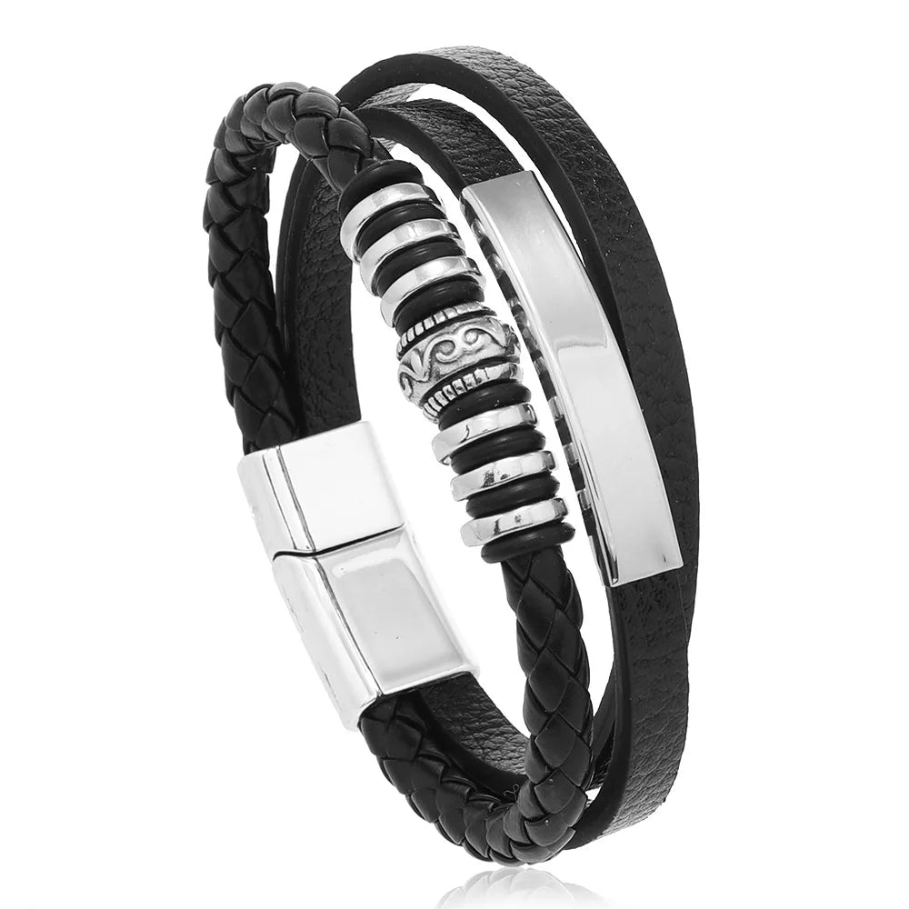 Bracelet Cuir Multi-Couches Homme en Acier Inoxydable