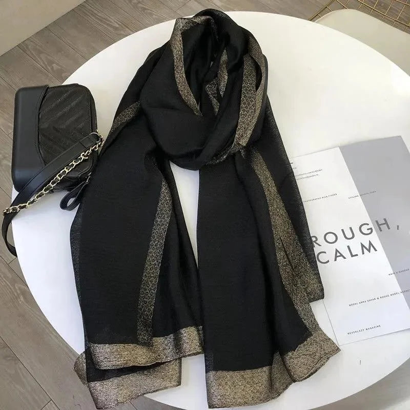 Écharpe en soie coréenne rayée dorée chic et polyvalente