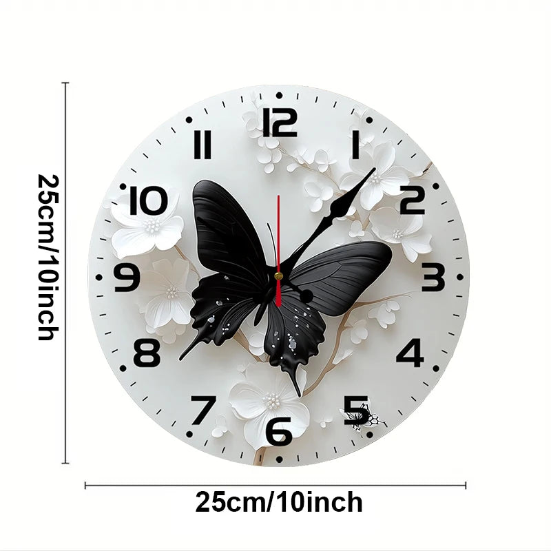 Horloge Murale Ronde Bois Fleur Papillon Noir