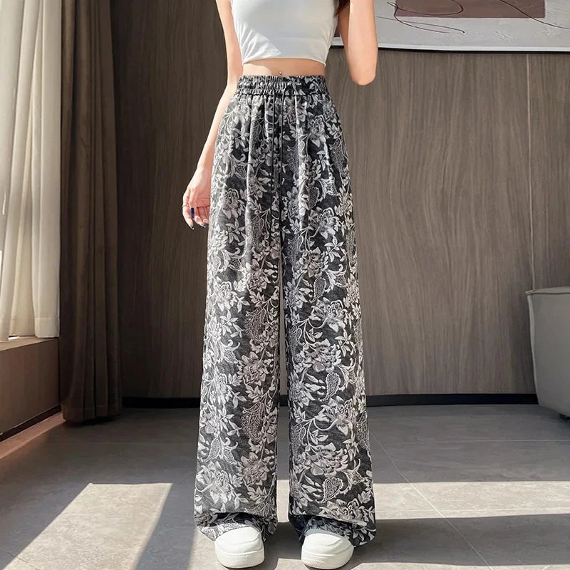 Pantalon Floral Vintage à Jambes Larges Été