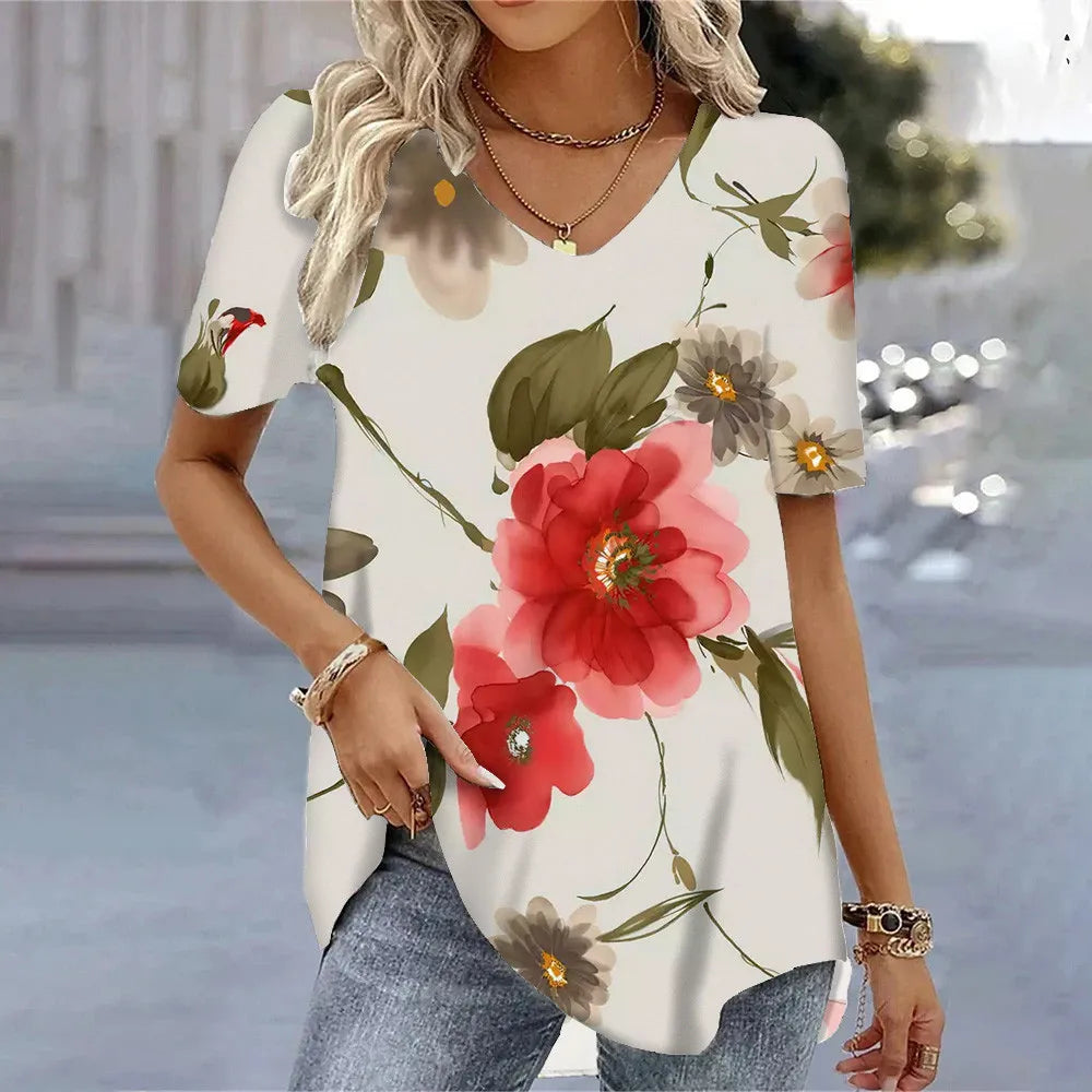 T-shirt Floral Été Femme V-Neck 3D