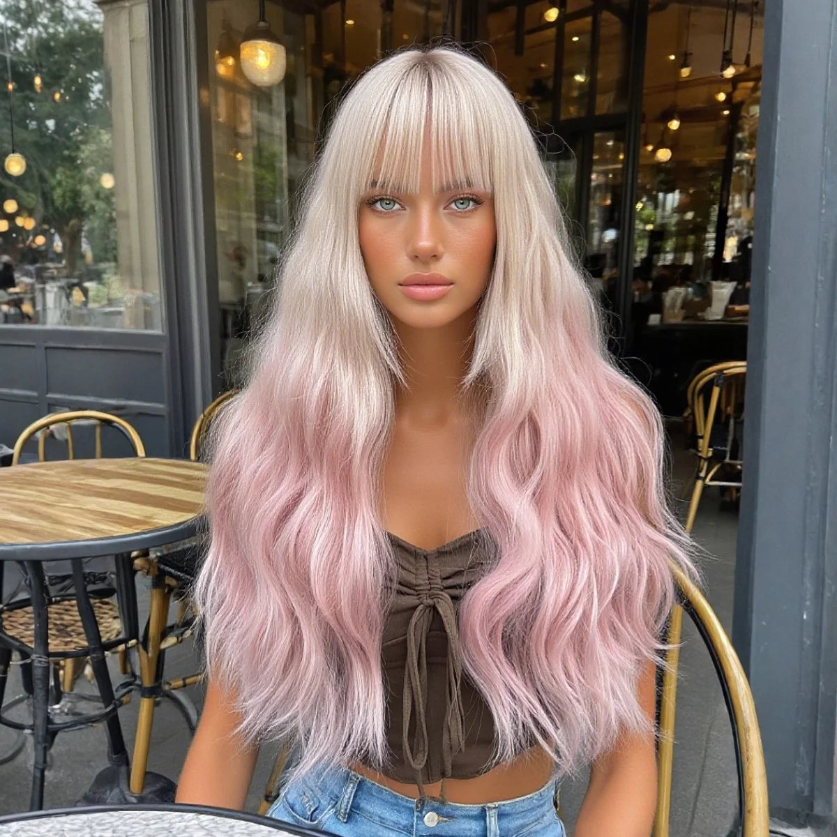 Perruque Violette Ondulée à Frange