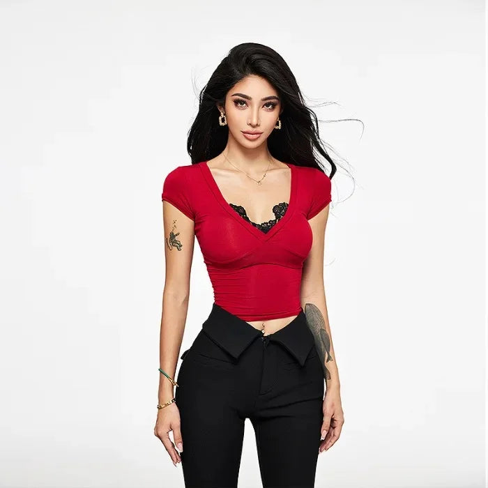 T-Shirt Élégance Dentelle V-Cou