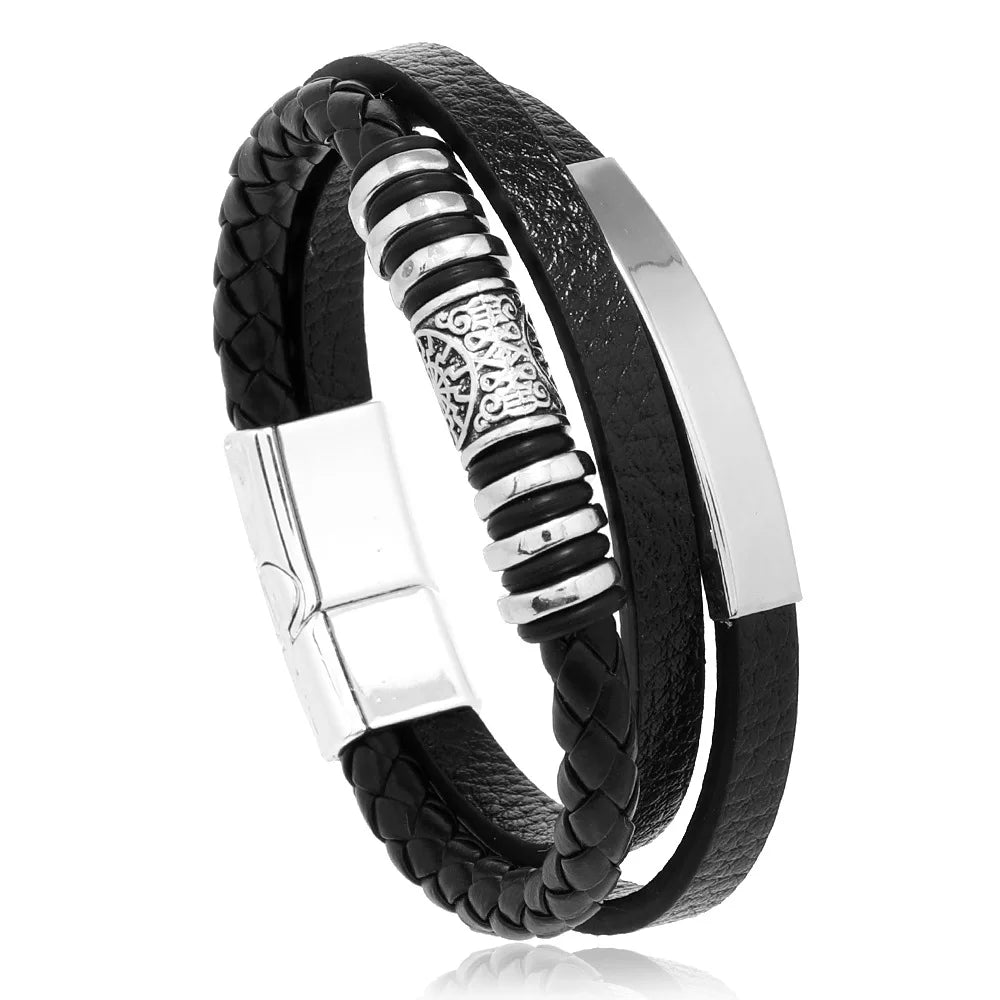 Bracelet Cuir Multi-Couches Homme en Acier Inoxydable