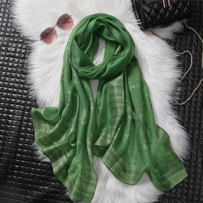 Écharpe en soie coréenne rayée dorée chic et polyvalente