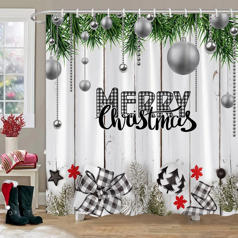 Rideau de Douche Noël Rouge Ferme Neige Bonhomme