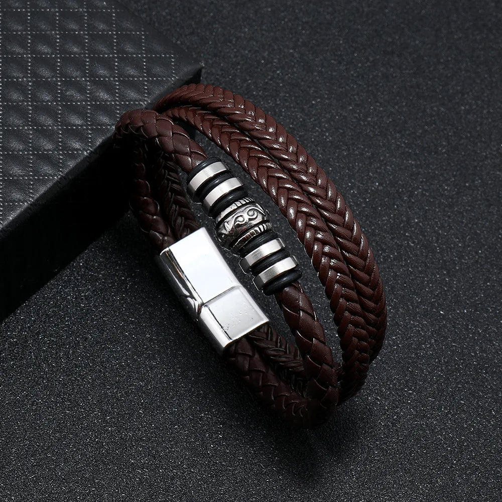 Bracelet Cuir Multi-Couches Homme en Acier Inoxydable