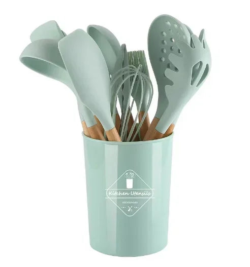 Ensemble 12 ustensiles cuisine silicone & bois antiadhésifs