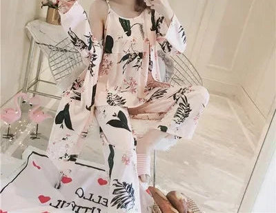 Pyjama Floral Élégant 3 Pièces Femme