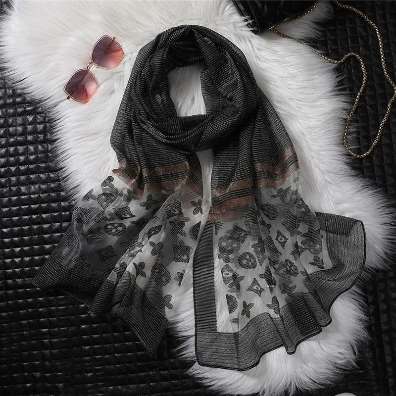 Écharpe en soie coréenne rayée dorée chic et polyvalente