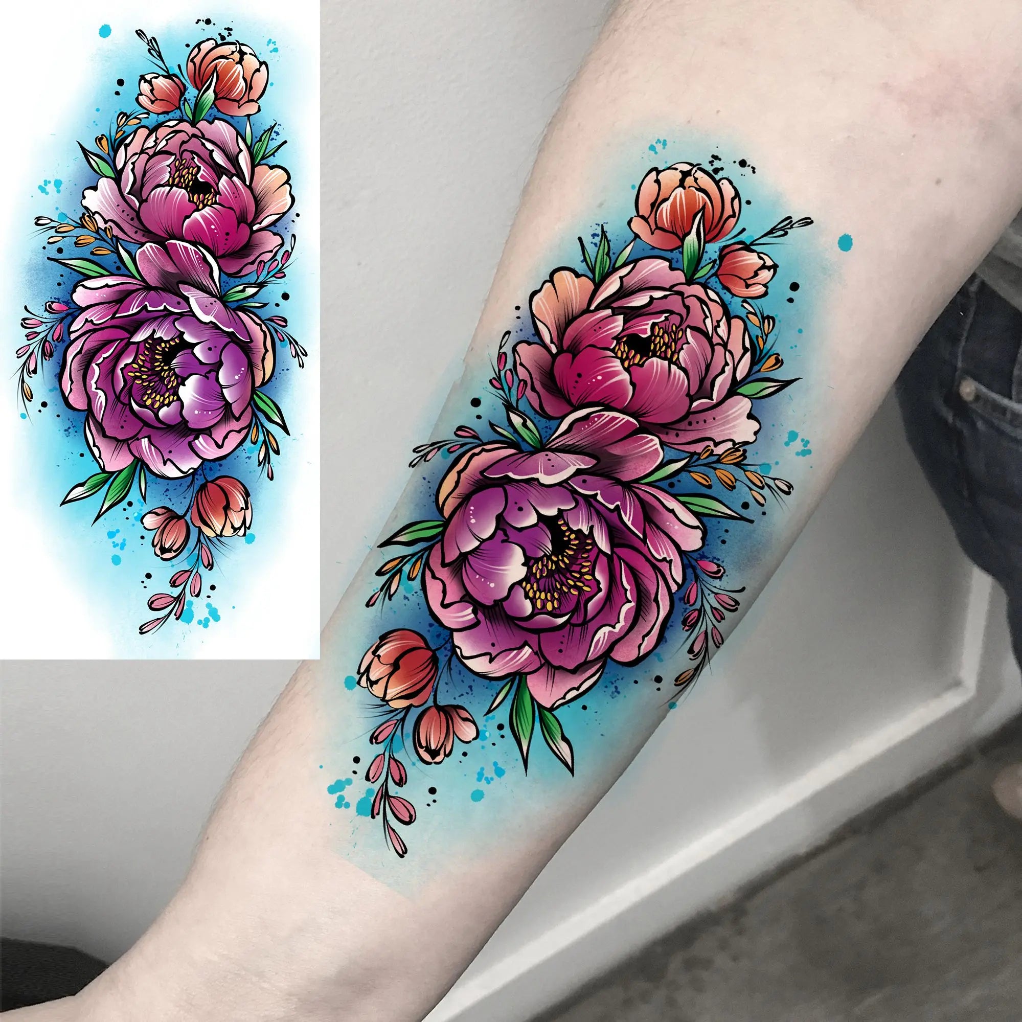 Tatouage Aquarelle Fleurs & Papillons - Femme Élégante