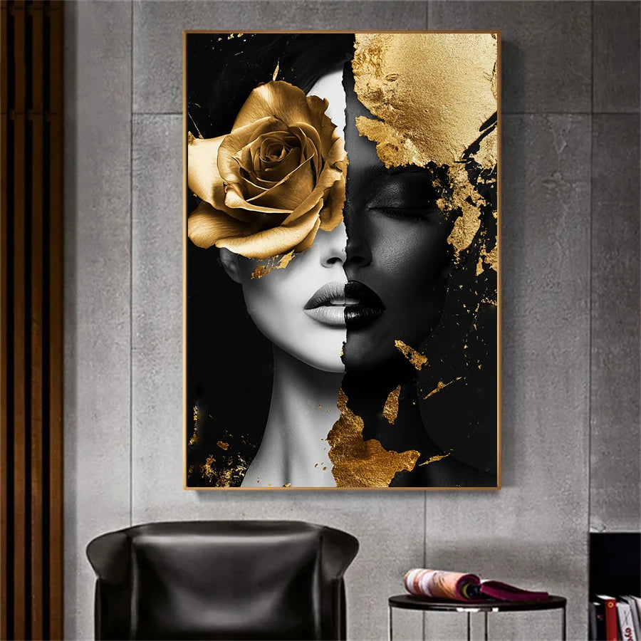 Éclat Doré: Toile Abstraite Femme Fleur Sans Cadre