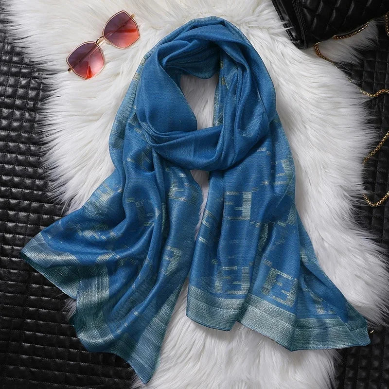 Écharpe en soie coréenne rayée dorée chic et polyvalente