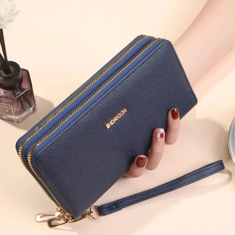 Portefeuille Élégant Litchi à Double Zip pour Femmes