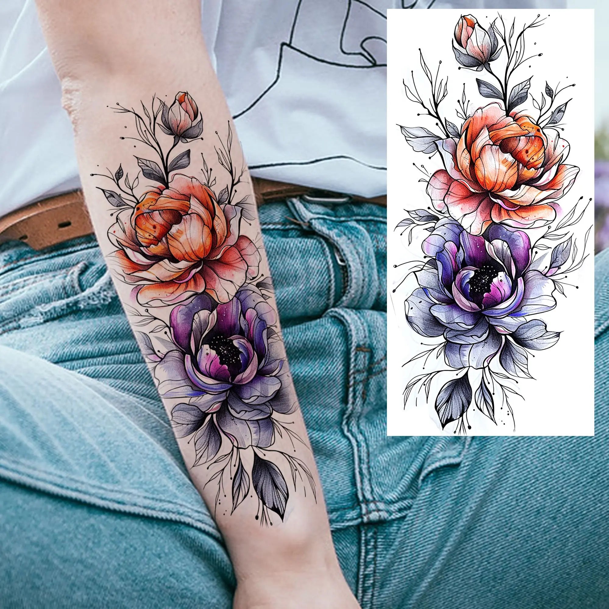 Tatouage Aquarelle Fleurs & Papillons - Femme Élégante