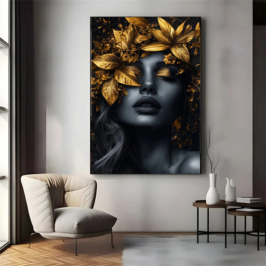 Éclat Doré: Toile Abstraite Femme Fleur Sans Cadre