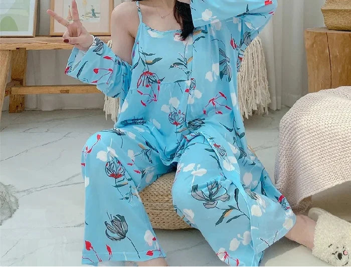 Pyjama Floral Élégant 3 Pièces Femme