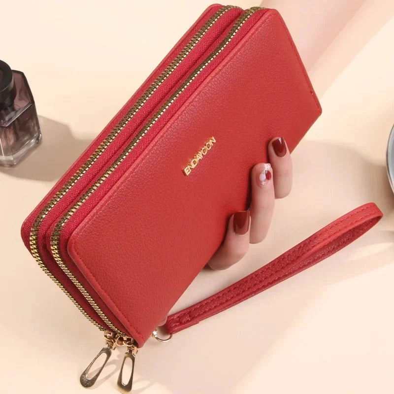 Portefeuille Élégant Litchi à Double Zip pour Femmes