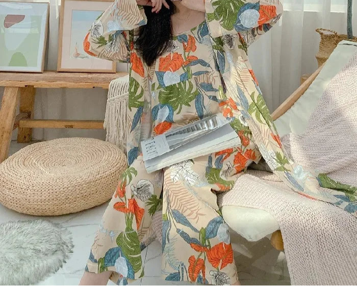 Pyjama Floral Élégant 3 Pièces Femme