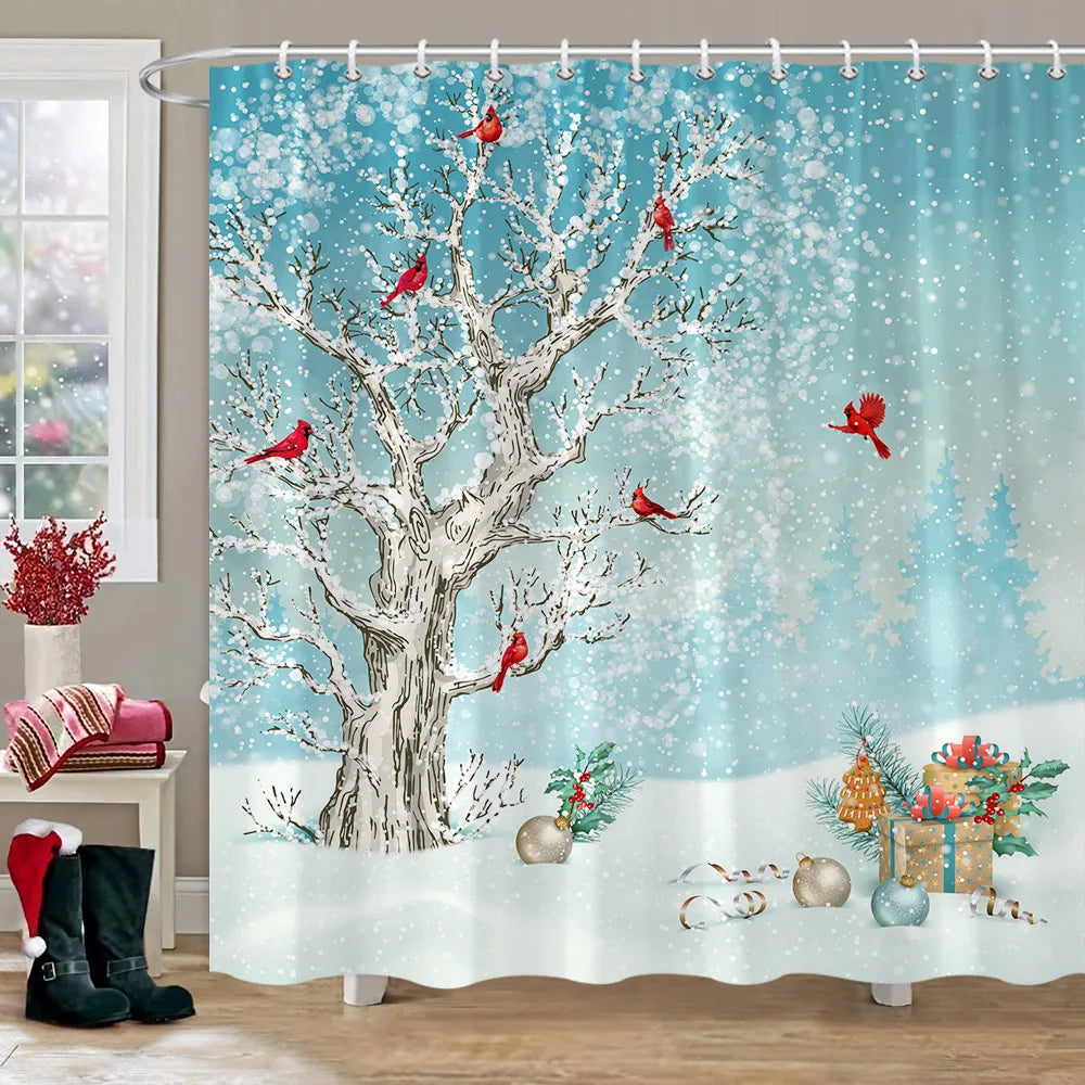 Rideau de Douche Hiver: Camion Rouge & Bonhomme de Neige