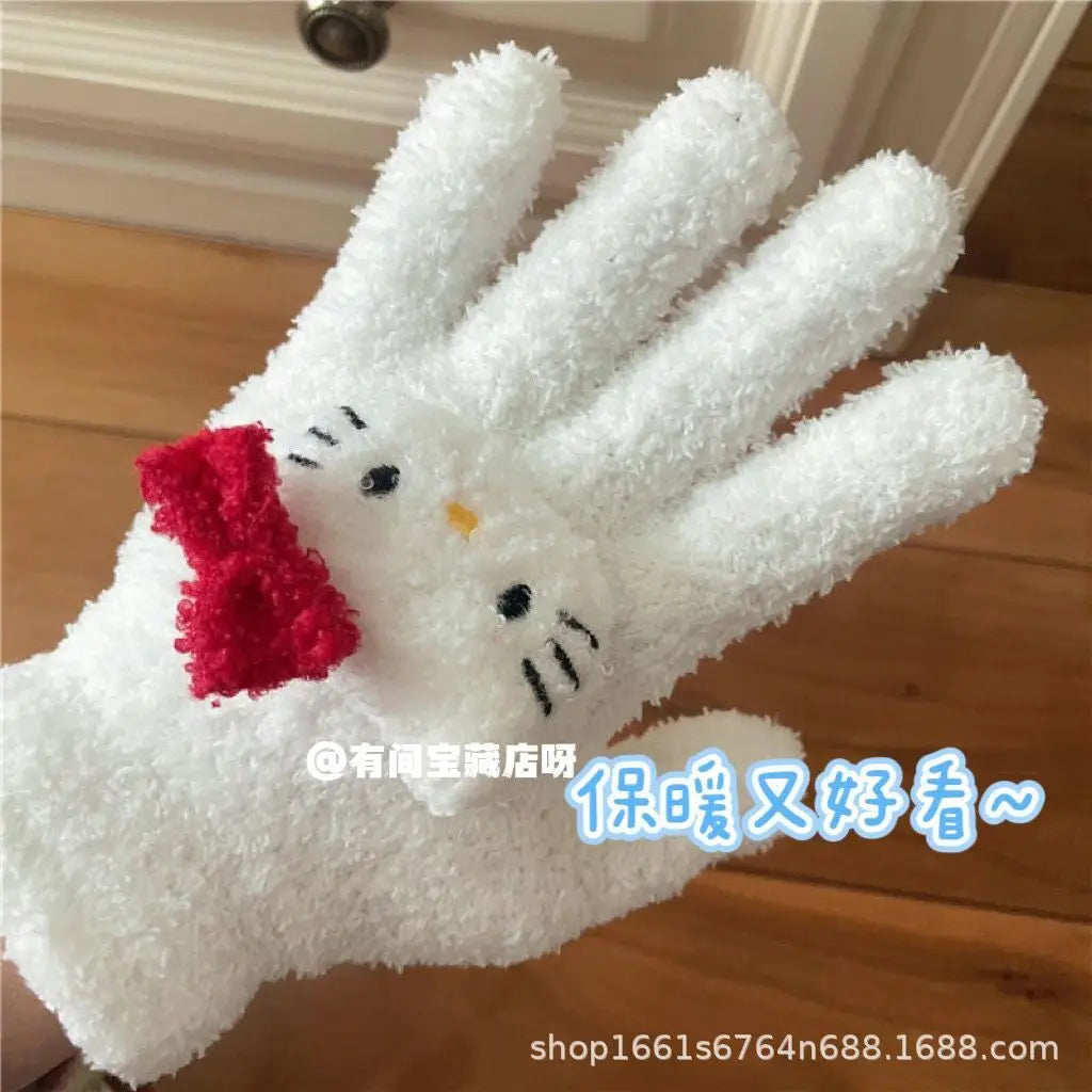 Gants en peluche Hello Kitty corail mignon et chaud