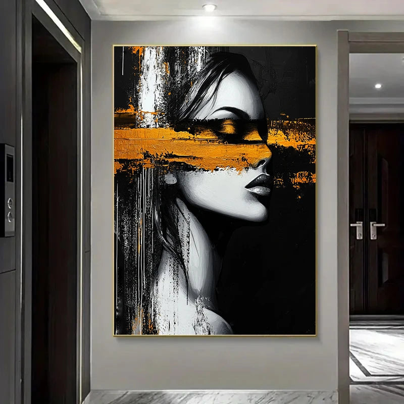 Éclat Doré: Toile Abstraite Femme Fleur Sans Cadre