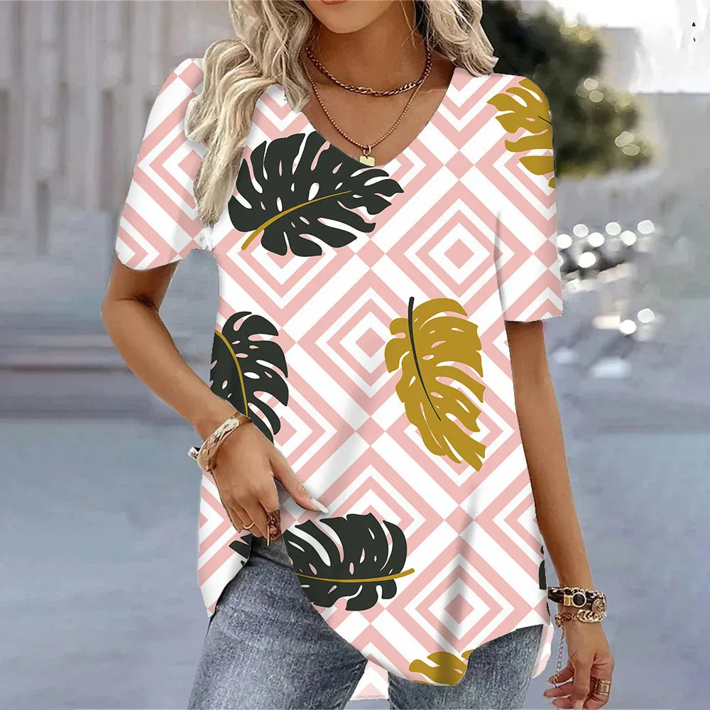 T-shirt Floral Été Femme V-Neck 3D