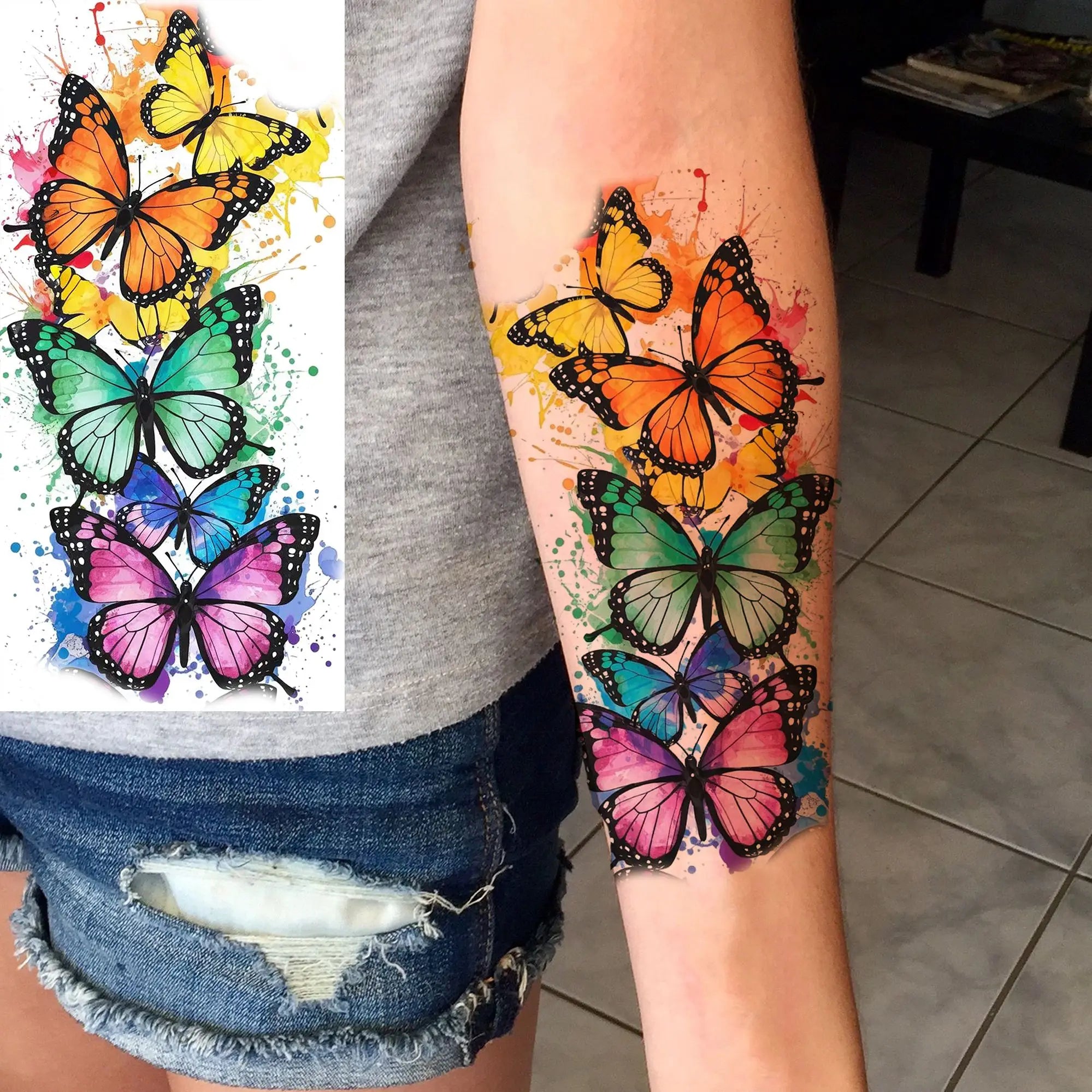 Tatouage Aquarelle Fleurs & Papillons - Femme Élégante