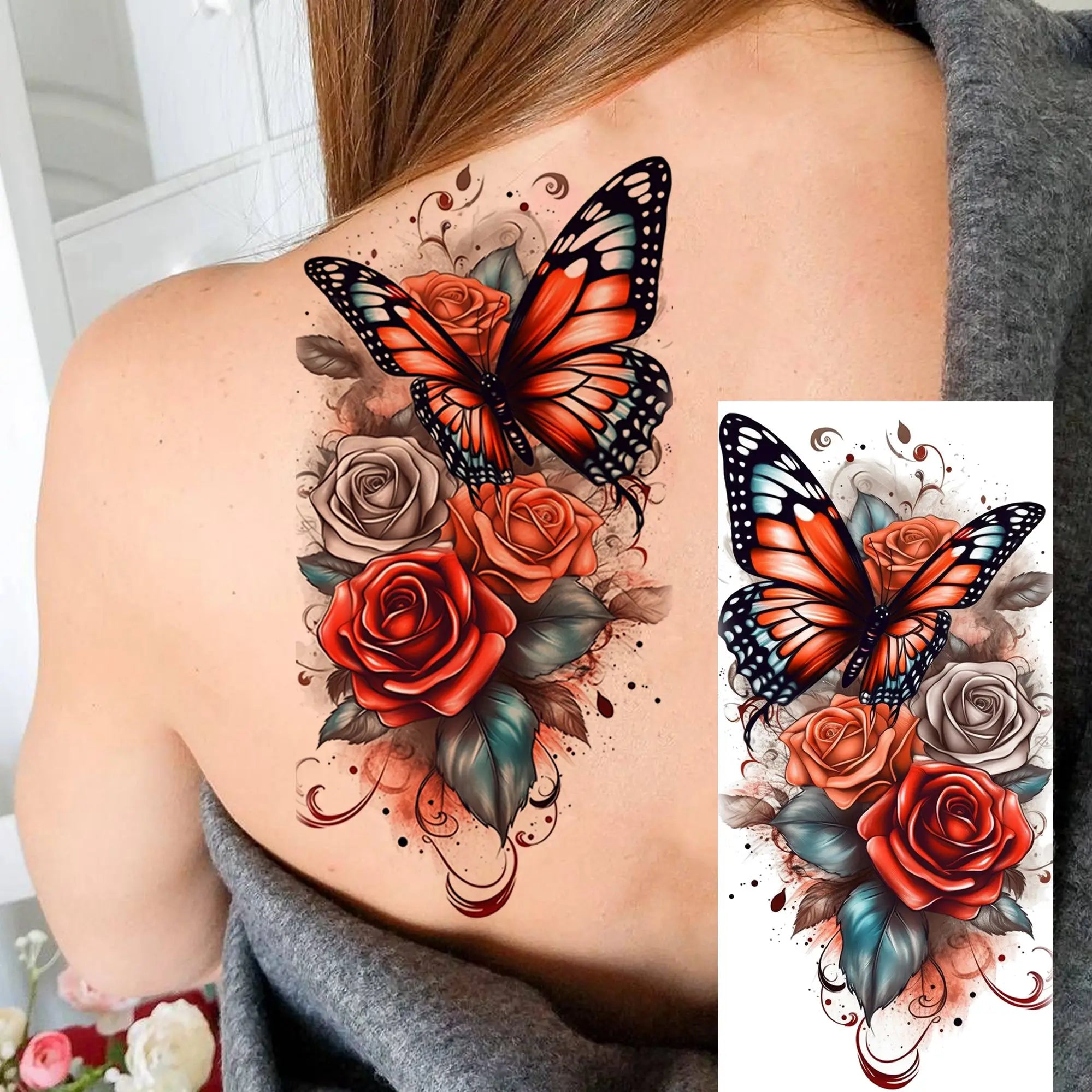 Tatouage Aquarelle Fleurs & Papillons - Femme Élégante