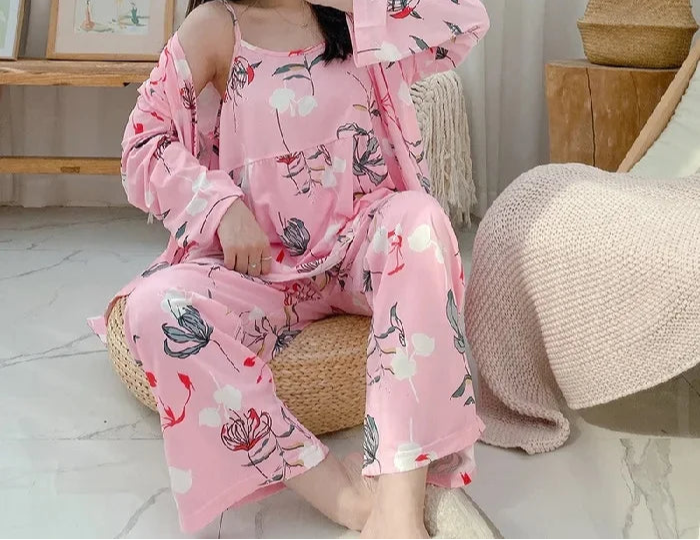 Pyjama Floral Élégant 3 Pièces Femme