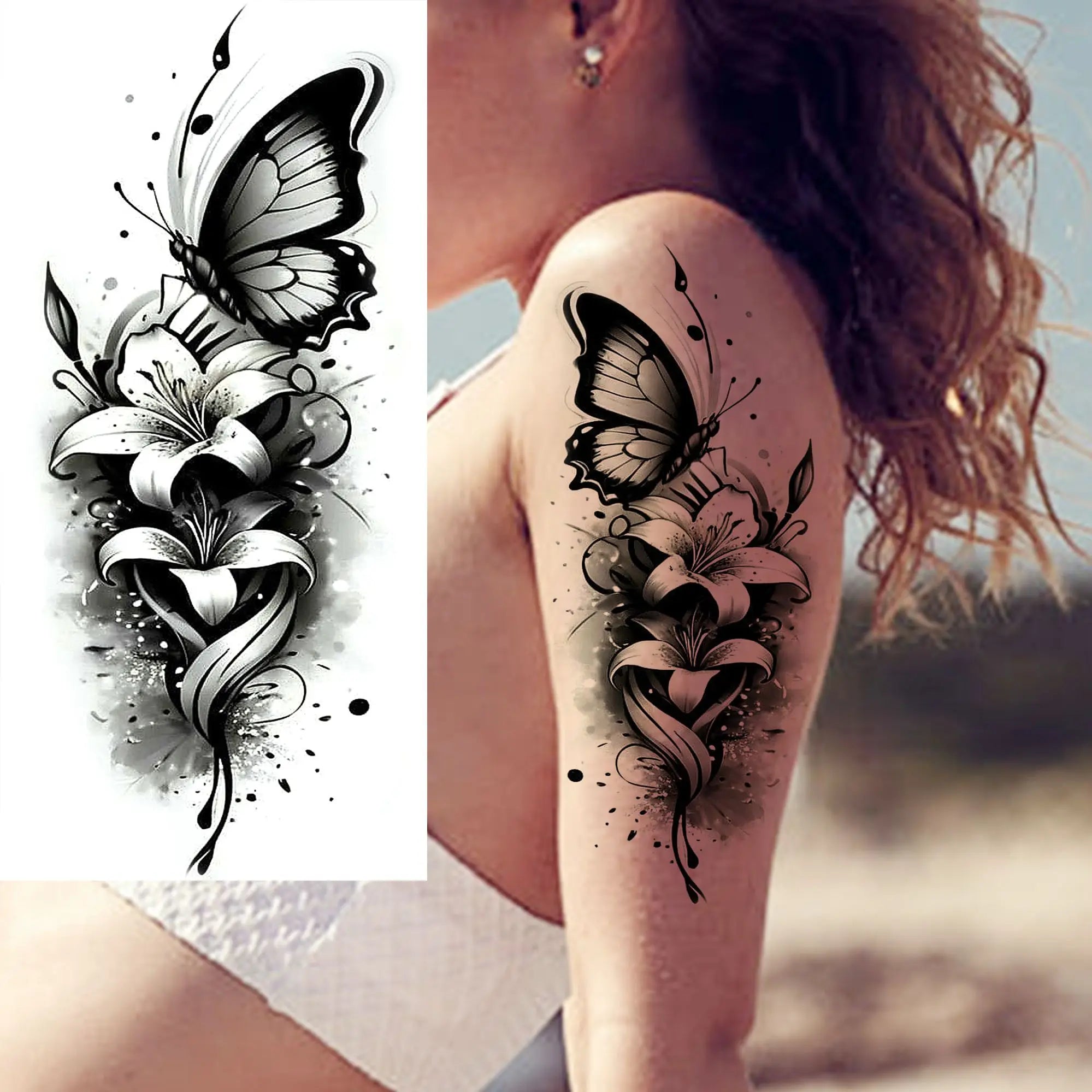 Tatouage Aquarelle Fleurs & Papillons - Femme Élégante