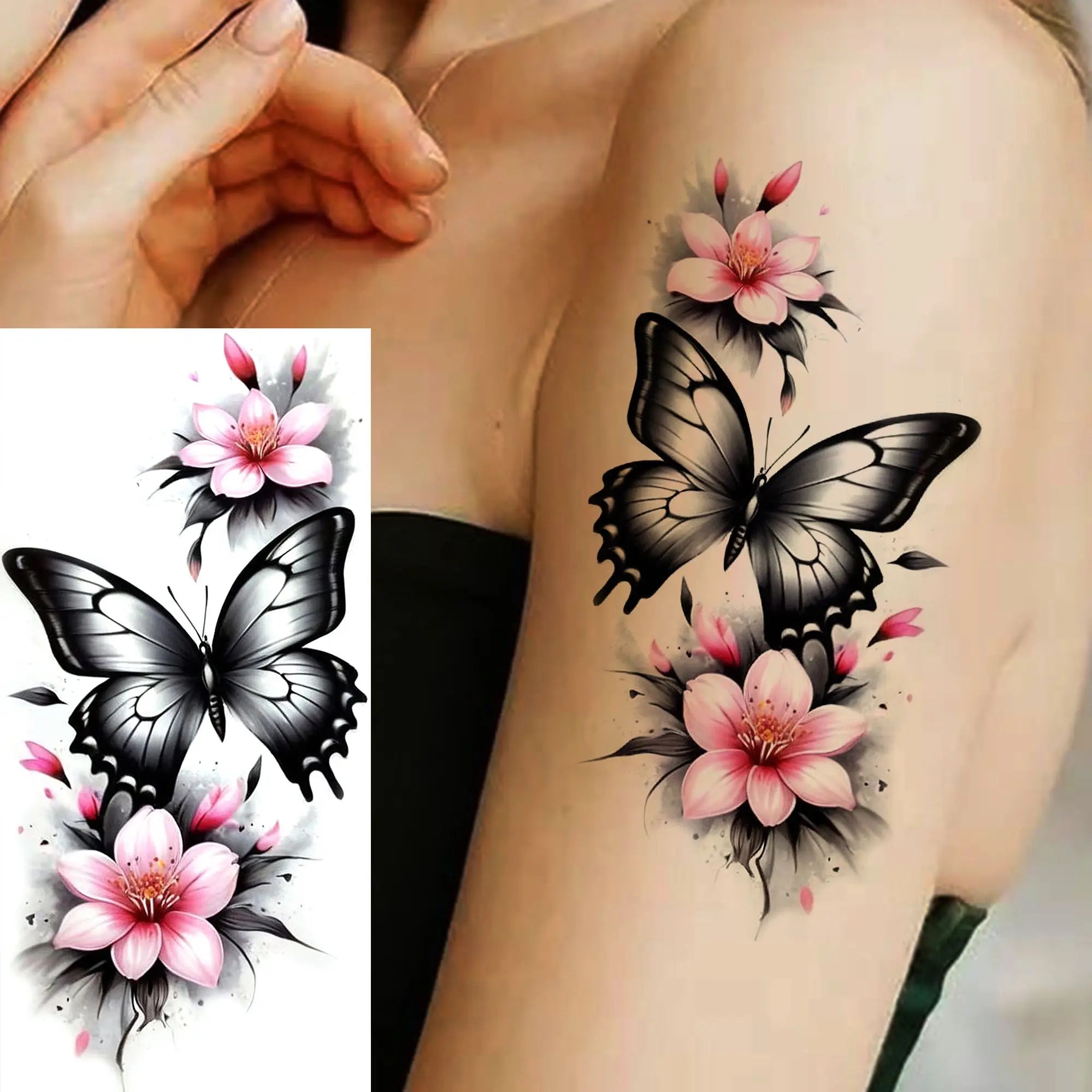 Tatouage Aquarelle Fleurs & Papillons - Femme Élégante