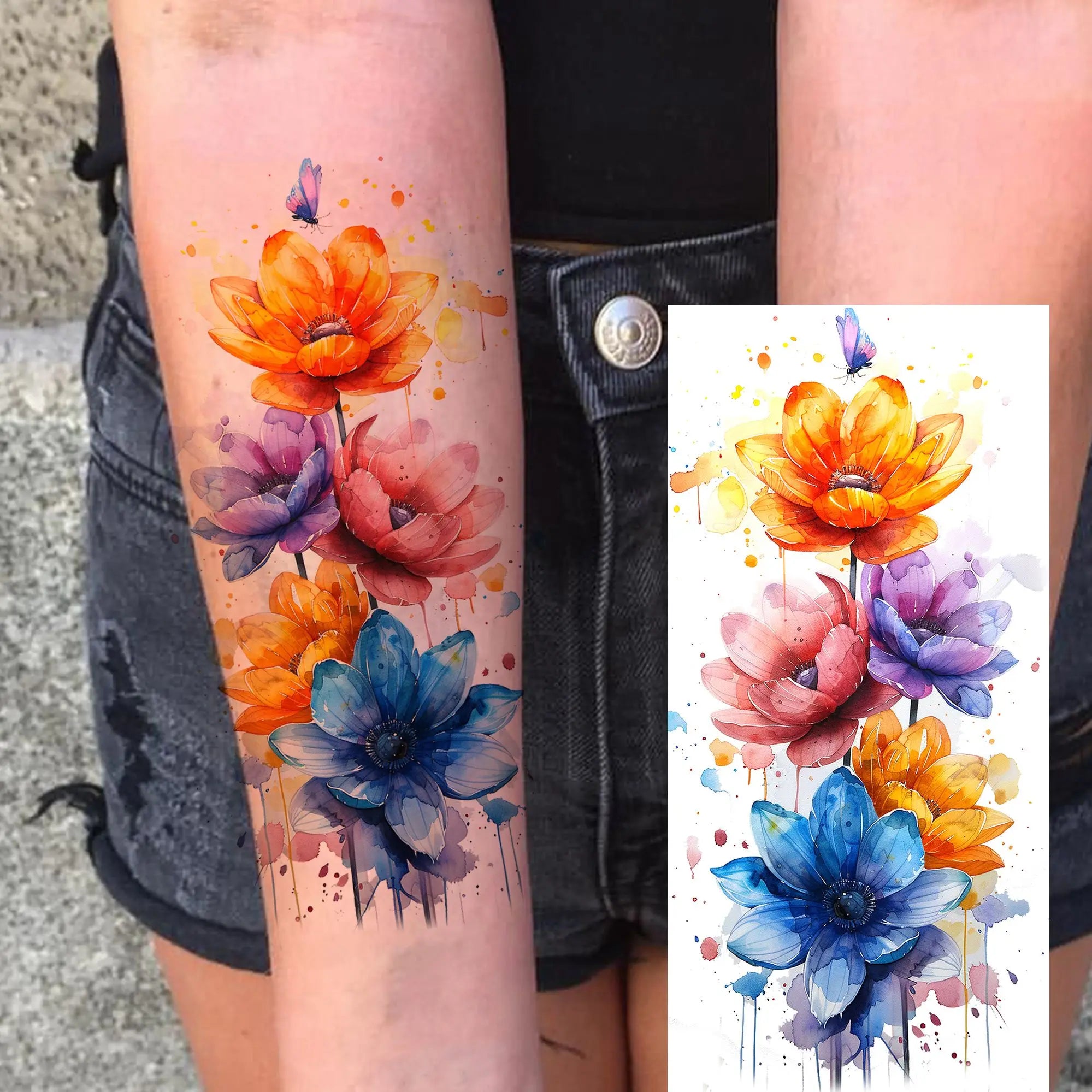 Tatouage Aquarelle Fleurs & Papillons - Femme Élégante
