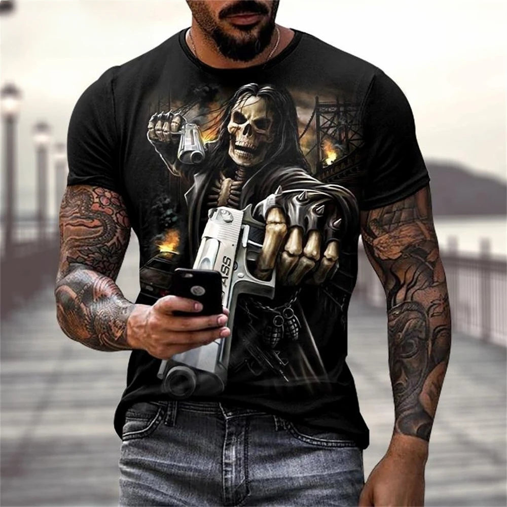 T-Shirt Crâne 3D Vintage Hip Hop Été Décontracté