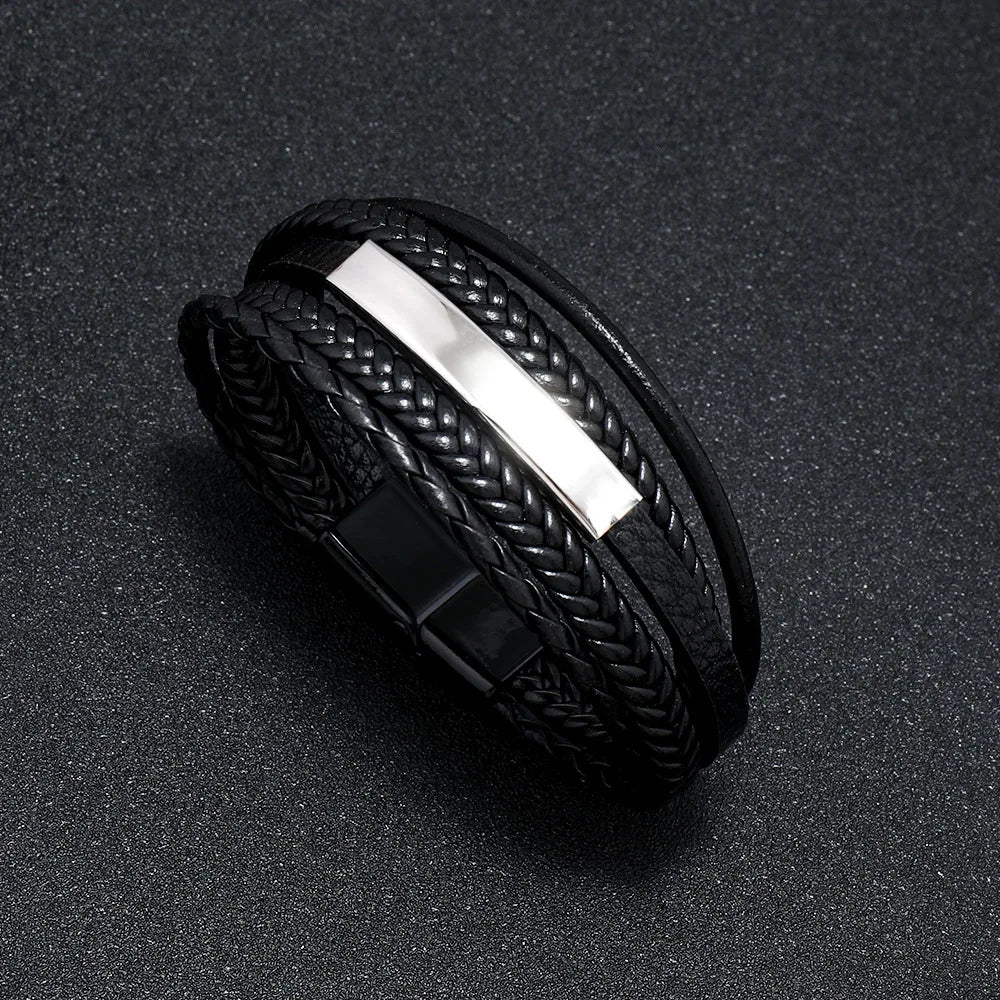 Bracelet Cuir Multi-Couches Homme en Acier Inoxydable