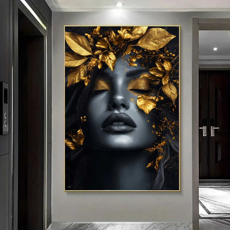 Éclat Doré: Toile Abstraite Femme Fleur Sans Cadre