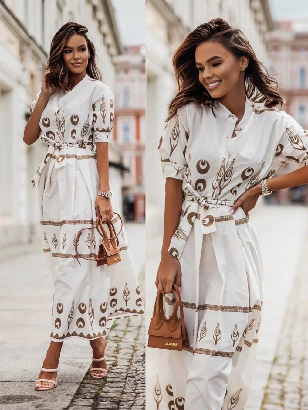 Chic Hemp Short Sleeve Dress with Belt Print