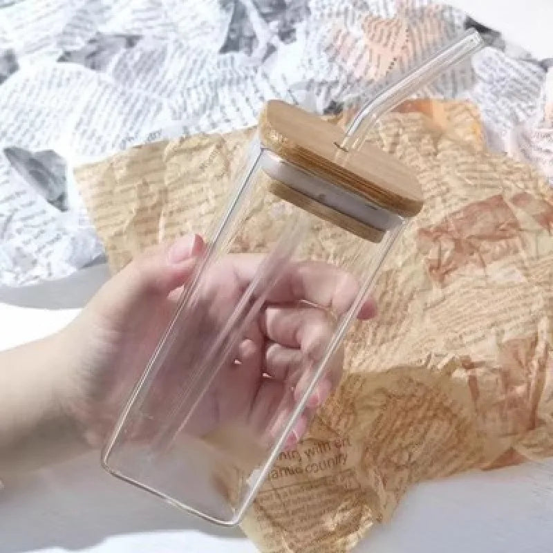 Tasse Carrée Verre avec Couvercle & Paille – 1 Pièce