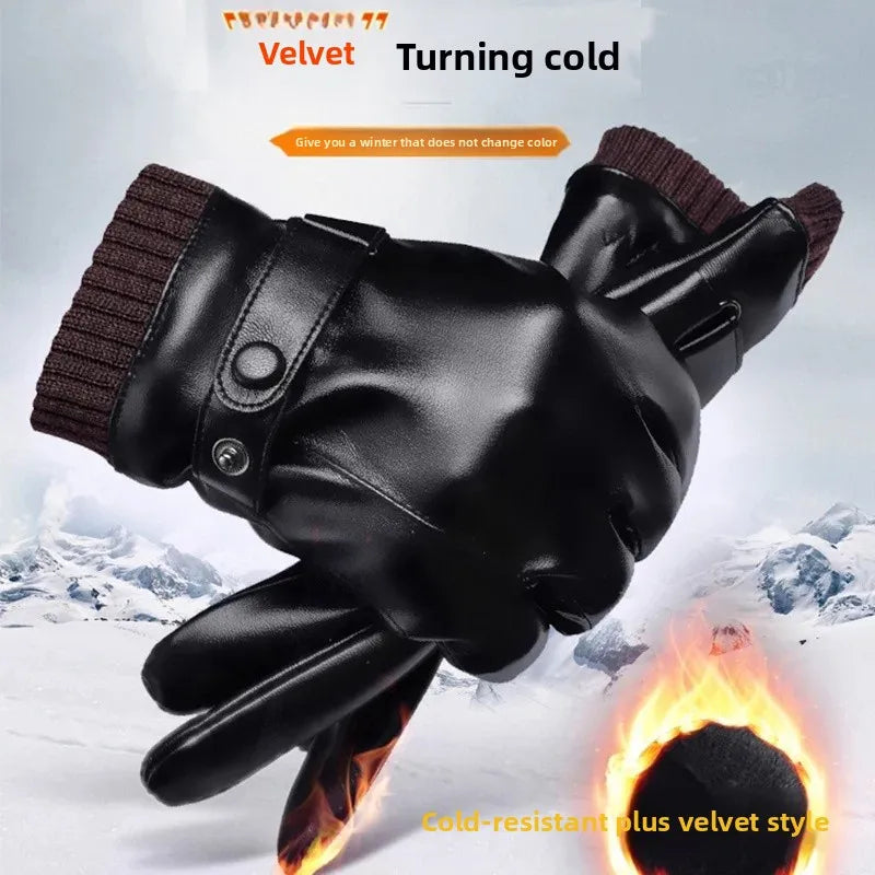 Gants en cuir polaire tactiles pour moto - Hiver chaud