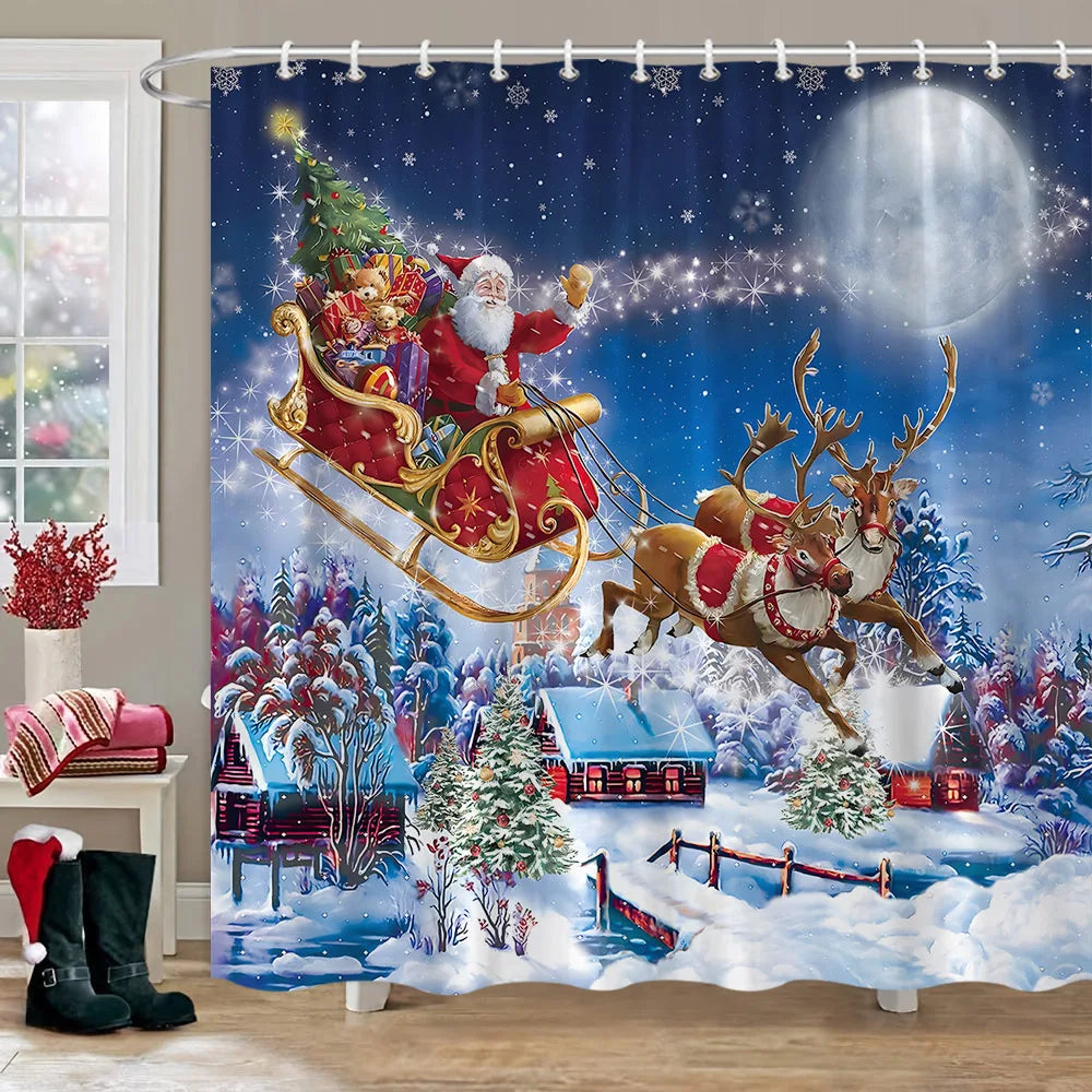 Rideau de Douche Noël Rouge Ferme Neige Bonhomme