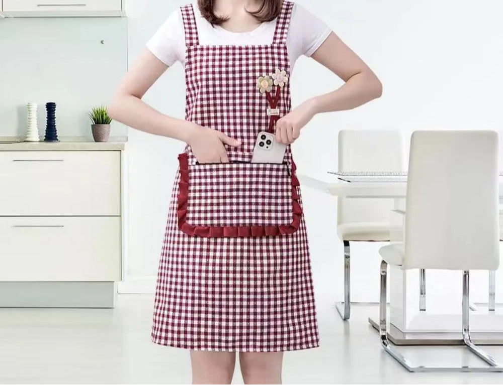 Tablier Carreaux Coton, Poche Grande, Sans Manches