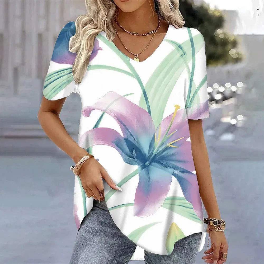 T-shirt Floral Été Femme V-Neck 3D