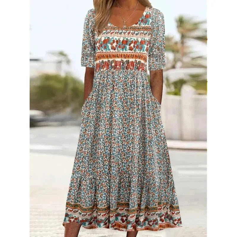 Bohème Élégance: Robe Longue d'Été à Manches Courtes