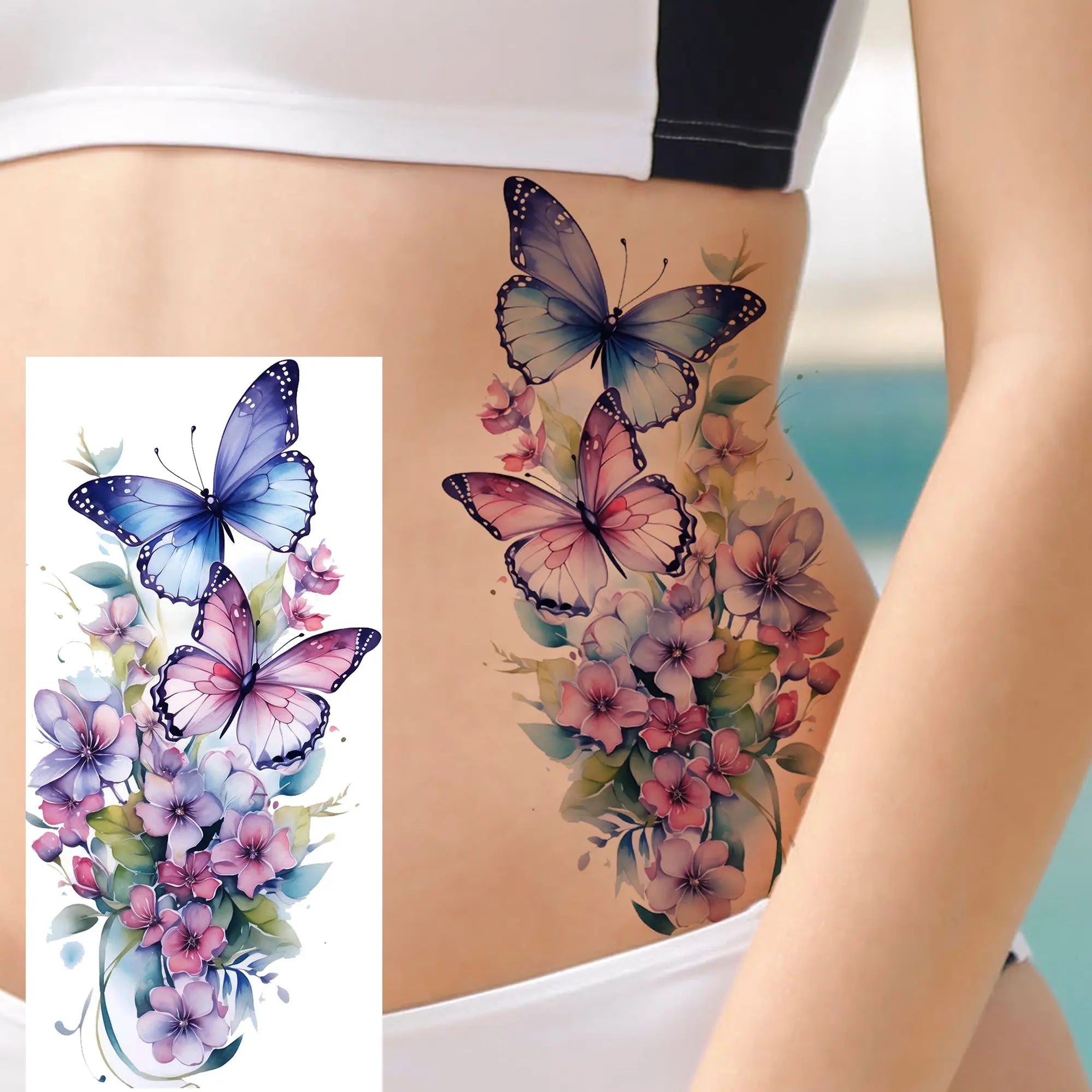 Tatouage Aquarelle Fleurs & Papillons - Femme Élégante