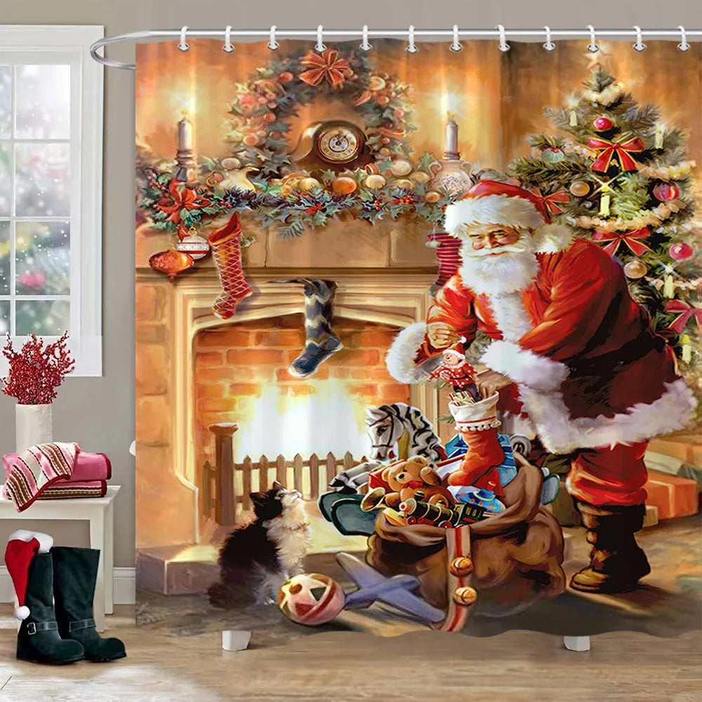 Rideau de Douche Noël Rouge Ferme Neige Bonhomme